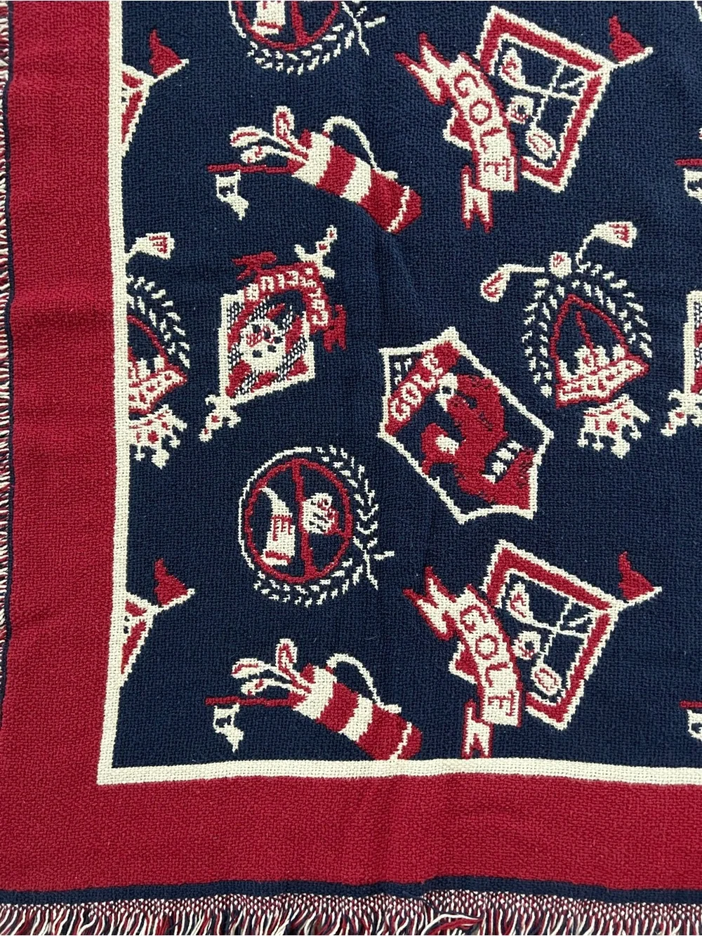 Vintage Tapestry Throw Blanket with Red, White and Navy Golf Design